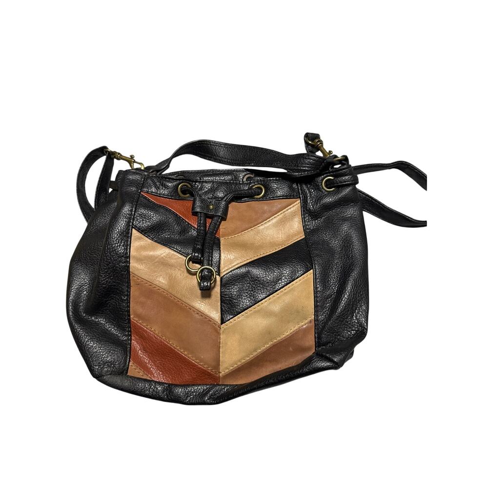 Boho Faux Leather Chevron Patchwork Bucket Bag Drawstring Shoulder Crossbody